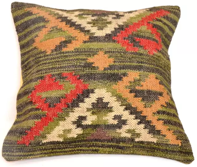 Cubierta de cojín de yute de lana hecha a mano Kilim 18" cubierta de...