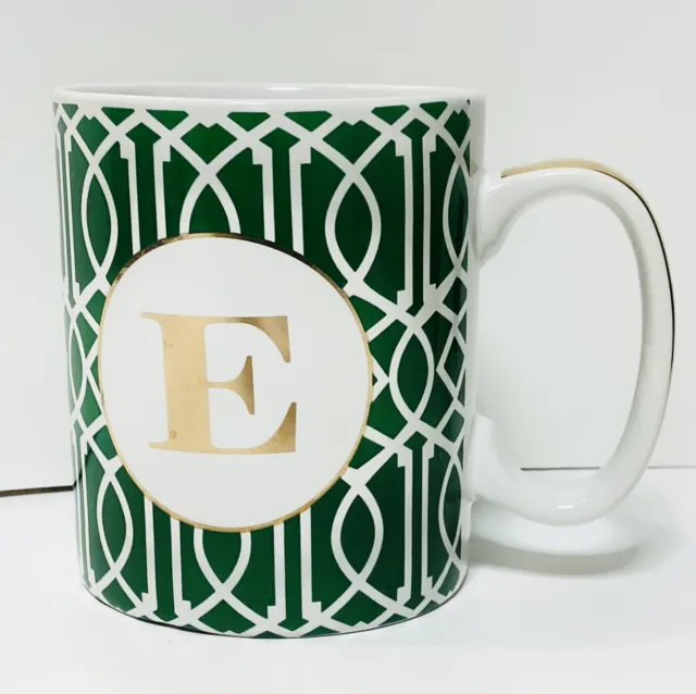 2016 Charming Charlie Mug Cup Personalized ‘E’ Green & White Gold Detailing 4”