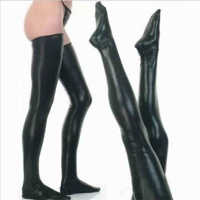 Hommes Wet Look Latex Cuir Cuisse Bas Pieds Hauts Collants Chaussettes Clubwear