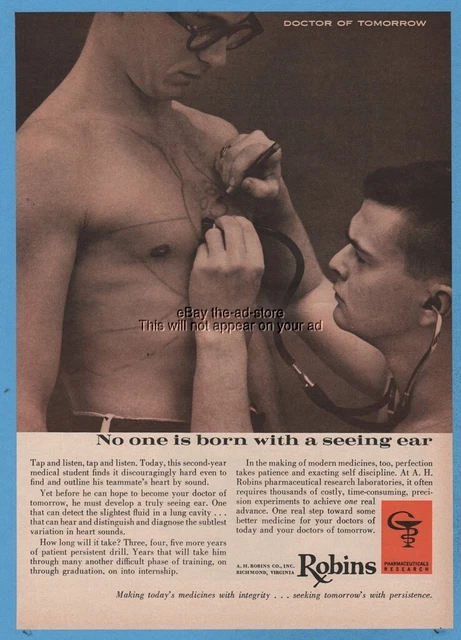 1960 AH ROBINS Stethoscope Surgeon MEDICAL STUDENT Doctor Physician Ad