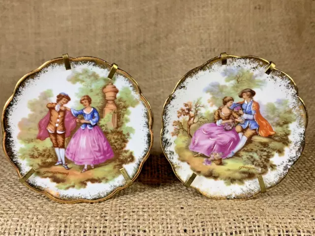 Limoges France Miniature Porcelain Gold Trim Plate Courting Couple Set Of 2