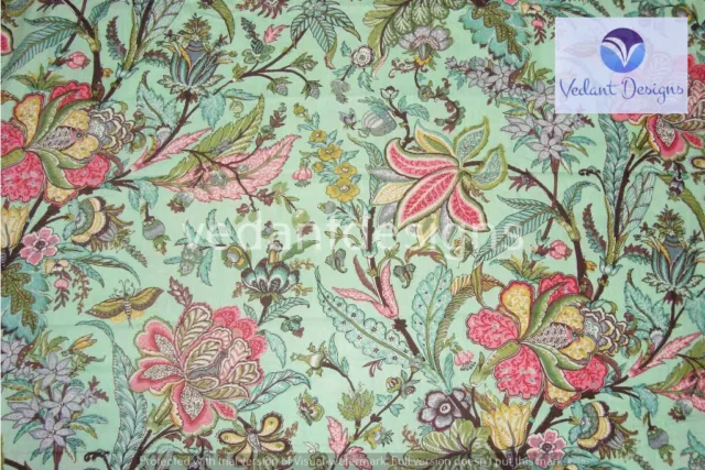 Indian 5 Yard Cotton Handcrafted Hand Block Floral Print Green Fabric 2