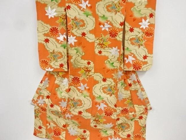 80113# Japanese Kimono / Antique Kimono For Girls / Kiku & Maple Leaves