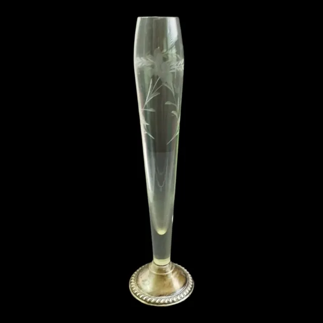 Vintage Etched Glass Weighted Sterling Silver Bud Vase 9¾ Inches Tall