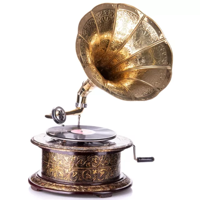 Nostalgie Grammophon Gramophone Schellackplatten Trichter  goldfarbe Antik-Stil