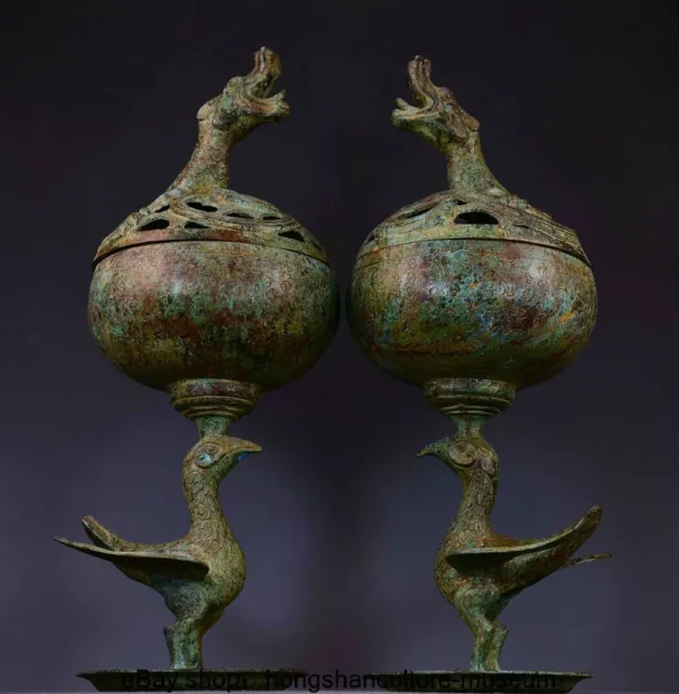 23.2 " Ancient China Bronze Ware Dynasty inscription Dragon Incense burner Pair