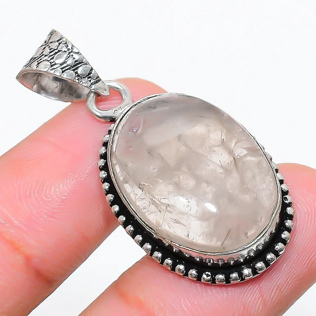 Rose Quartz Gemstone Handmade 925 Sterling Silver Jewelry Pendant 1.54"