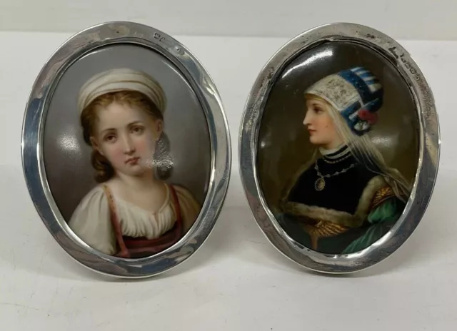 Antique Miniature Pictures Pair Silver Frames Painted on porcelain 19th century