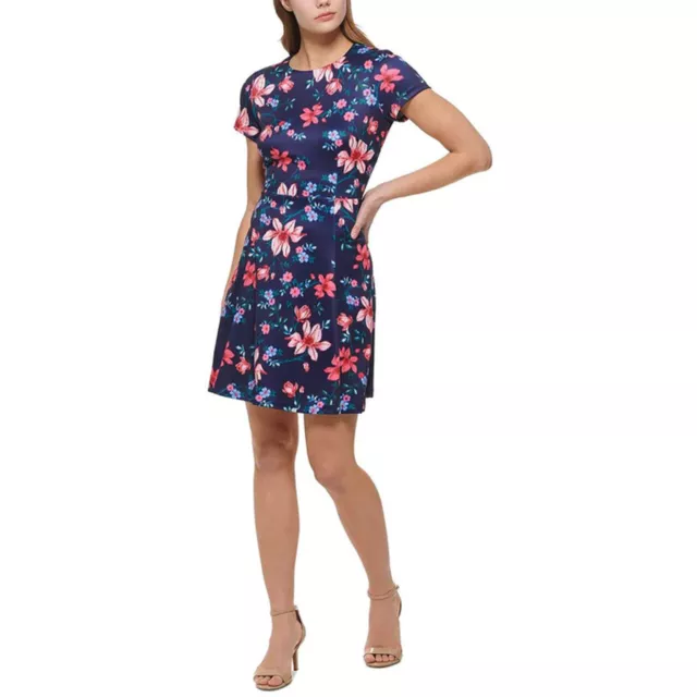 Vince Camuto Navy Blue Pink Floral Art Print Fit & Flare Scuba Dress Sz 6