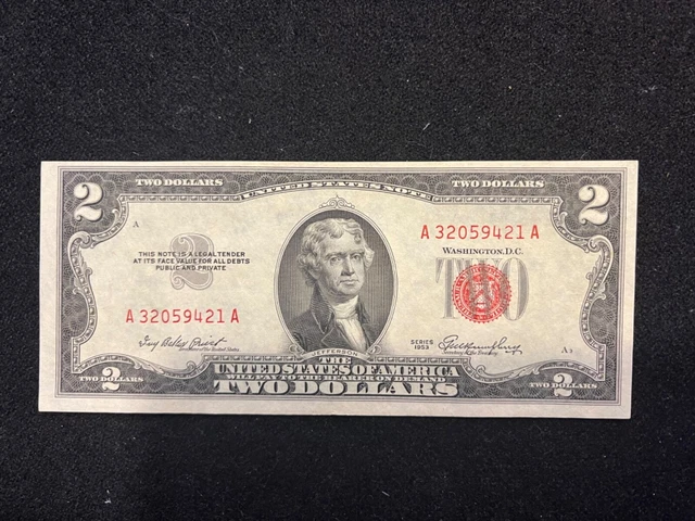 US $2 Two Dollar 1953 Series Bill Red Seal /Serial #A 32059421 A