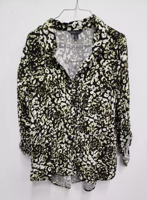 Rock & Republic Womens Black Green Animal Print Top XXL Tab Sleeve Button Up