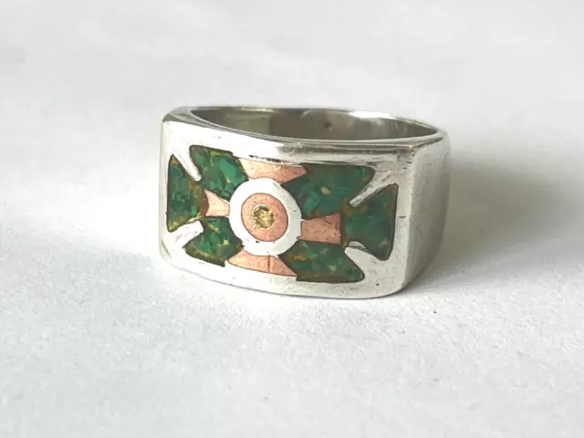 Vintage Mexico Sterling Silver Turquoise Inlay Ring Copper Brass Size 7.75