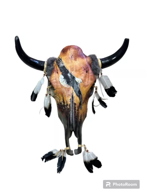 Real Hand Painted Cow Skull  ,Southwest ,Signed ,Skull , Eagle , 18.5" X 19"