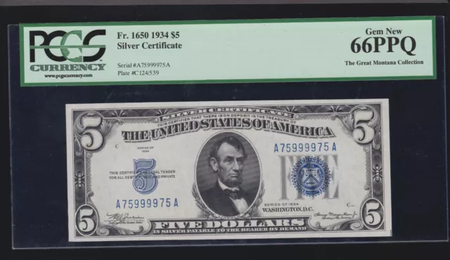 US 1934 $5 Silver Certificate AA Block FR 1650 PCGS 66 PPQ GEM CU (975)