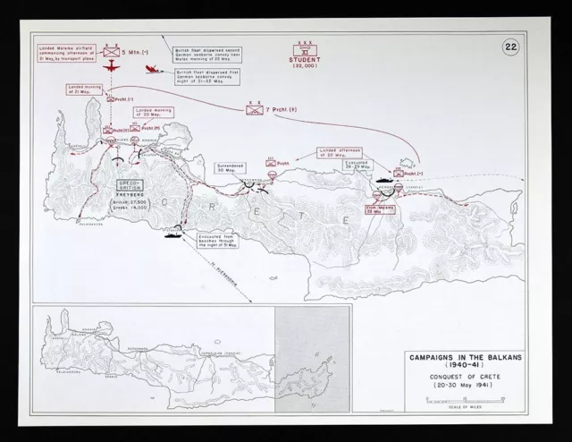 WWII Map Crete Airborne Invasion Battle Maleme Rethymnon Heraki Sfakia May 1941