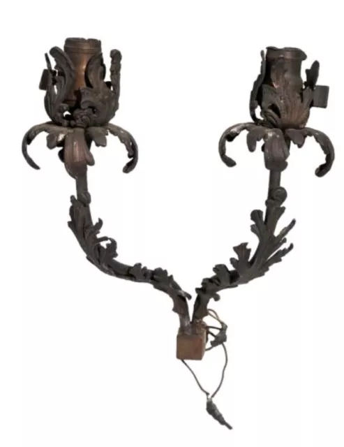 Antique Pair of 2 Mission Art Nouveau Wall Sconces Gas  Electr Bronze Rococo Dec 3