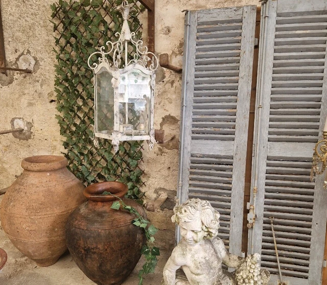 Antique French Lantern 19th century Wrought Iron Painted White