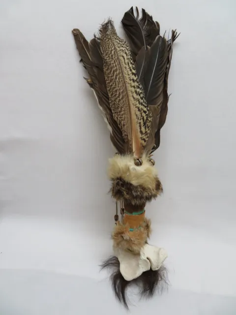 Indian Ceremonial Dancing Stick, Feathers, Fur, Beads, Bells and Bone