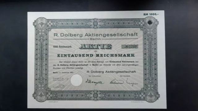 Aktie R. Dolberg AG 1000 RM 1940 Berlin
