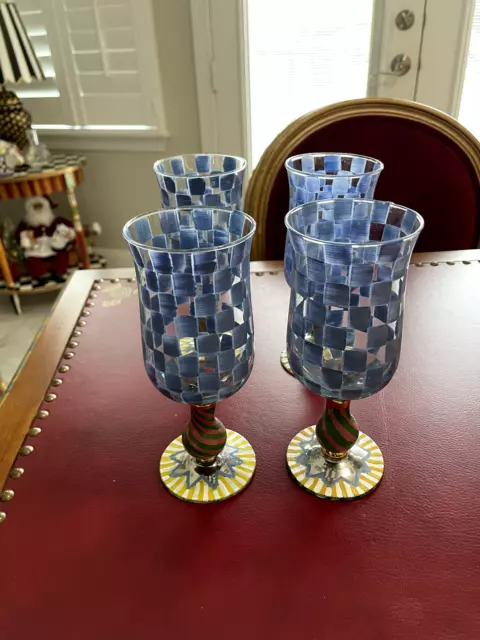 A Beautiful set of 4 Mackenzie-Childs Circus Vintage Blue Checked Water Goblets