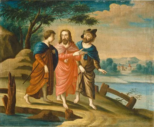 Oil painting figure landscape Christ-on-the-Road-to-Emmaus-American-18th-Century