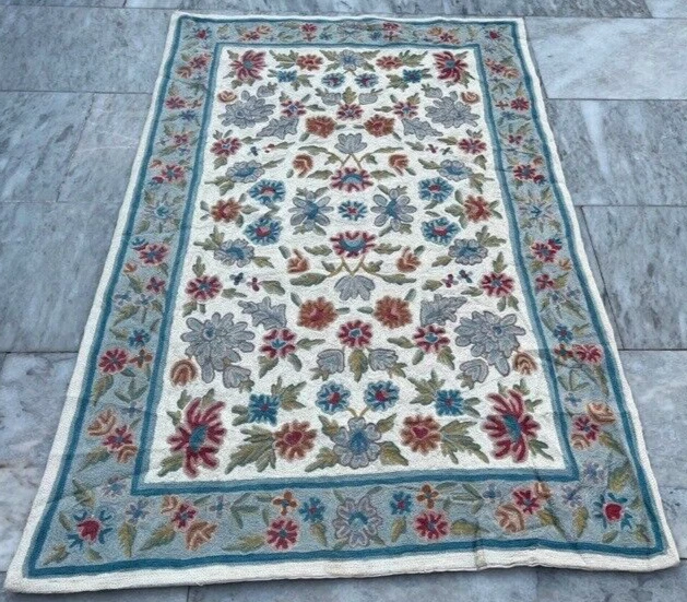 French Style Vintage Aubusson Handmade Boho Aubusson Rug Chain Stitch Rug 2x4 ft French Style Vintage Aubusson Handmade Boho Aubusson Rug Chain Stitch Rug 2x4 ft