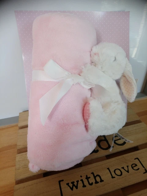 Doudou peluche lapin couverture plaid blanc rose pois Tex baby neuf + cadeau