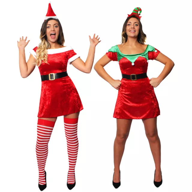 Ladies Miss Santa Dress / Sexy Elf Velour Skater Mrs Claus Christmas Fancy Dress