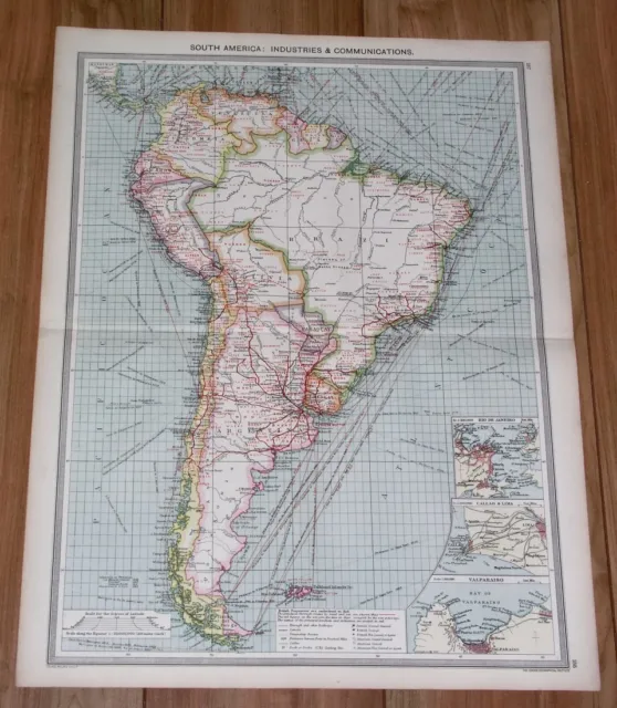 1908 Antique Map Of South America Industry Commerce Brazil Chile Argentina
