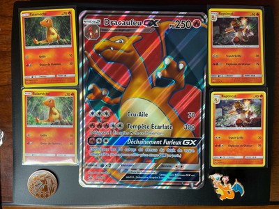 Carte Pokemon Dracaufeu GX SM60 JUMBO + Salameche/ Reptincel holo + pins/jeton 