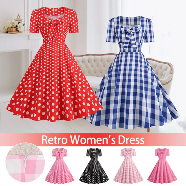 Women Retro 50s 60s Rockabilly Dots Swing Dress Cocktail Party Midi Dress