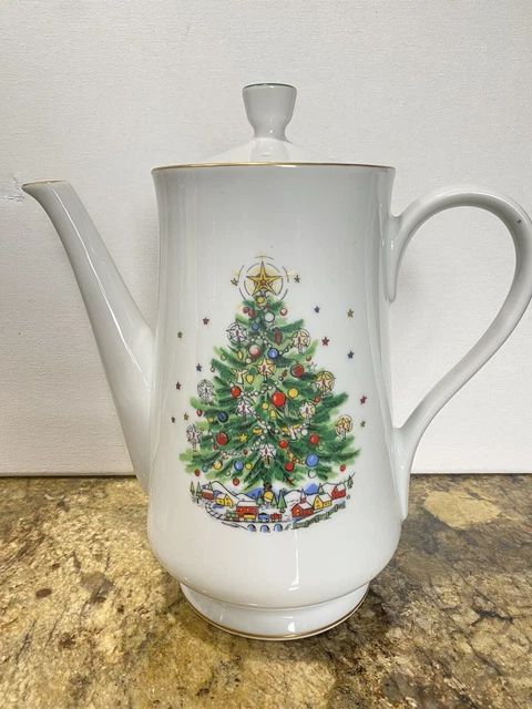 Tetera de porcelana de árbol de porcelana de víspera de Navidad vintage Salem con tapa 9,25" Usada en excelente condición
