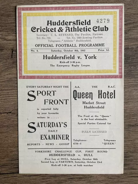 Wartime Rugby League Programme Huddersfield v York 9th October 1943 Rare War