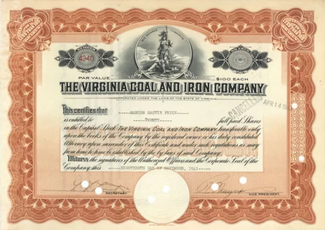 Virginia Coal and Iron Co. - 1923-51 dated Mining Stock Certificate - Mining Sto