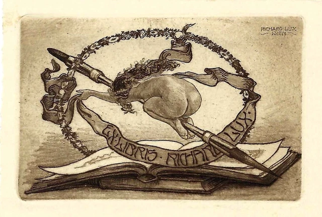 Richard Lux: Exlibris / Durch Blütenkranz reitender weibl. Akt Richard Lux: Exlibris / Durch Blütenkranz reitender weibl. Akt