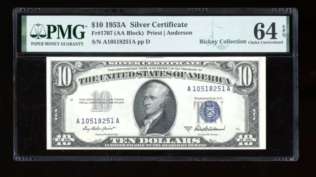 DBR 1953-A $10 Silver Fr. 1707 PMG 64 EPQ Serial A10518251A