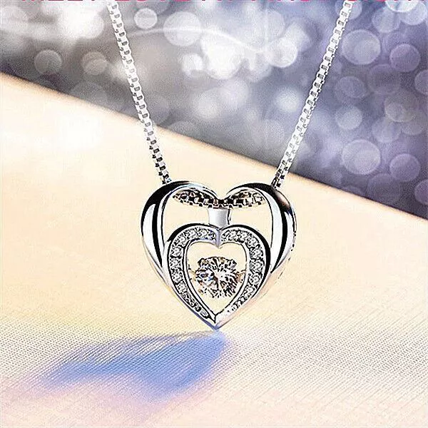 Ladies Necklace Chain Double Heart Crystal Pendant Silver Women Jewellery Gift