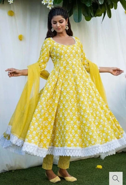 Printed Work Yellow Pakistani Designer Anarkali Salwar Kurti Pant Dupatta Dress