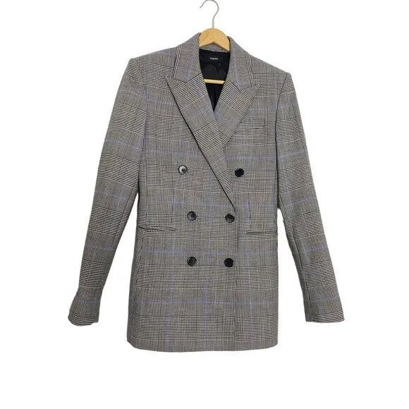 Theory Power Portland Windowpane Plaid Double Breasted Wool Blazer