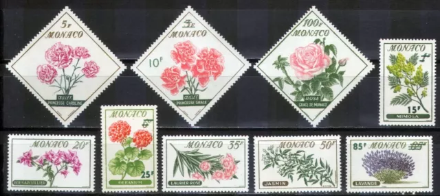 9 sellos de MÓNACO, 1959 | FLORES | Yvert 514/22 MNH