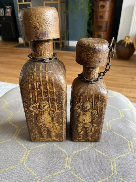 Pair Vintage Leather Covered Decanter Bottle w/ Chain & cork, Corks Damaged