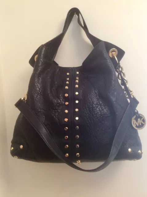 Michael Kors Uptown Astor Gold Studded Black Leather Large Tote Shoulder Bag