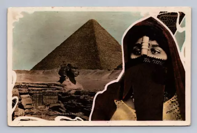 Veiled Egyptian Woman w Sphinx & Great Giza Pyramid RPPC Antique Photo ~1910s