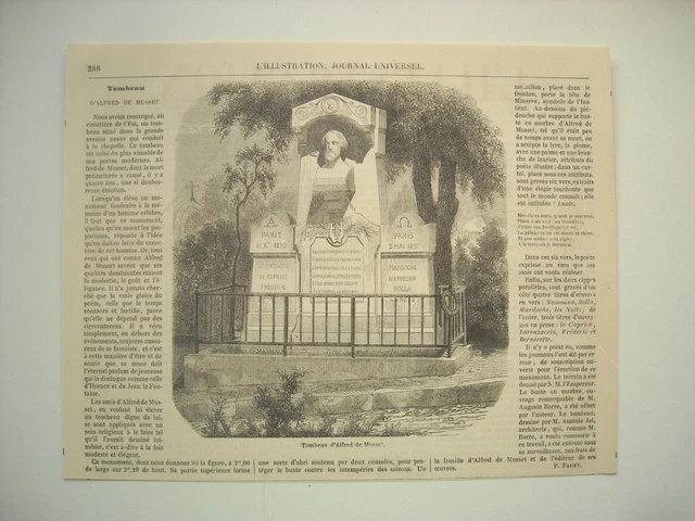 Gravure 1861. Tombeau D’alfred De Musset, Au Cimetiere De L’est. Avec Explicatif