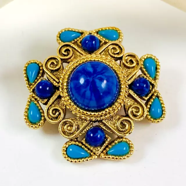 VINTAGE MALTESE CROSS Faux Turquoise & Simulated Lapis Gold Tone Brooch ...