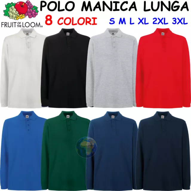 POLO a MANICA LUNGA da Uomo FRUIT OF THE LOOM 3 BOTTONI in COTONE Piquet LAVORO