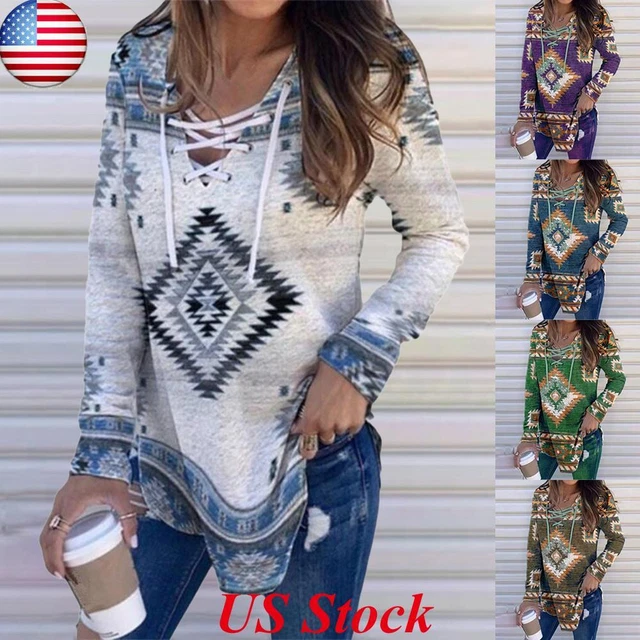 Women Boho V-Neck Lace Up Top Blouse Long Sleeve Casual Loose Pullover Plus Size
