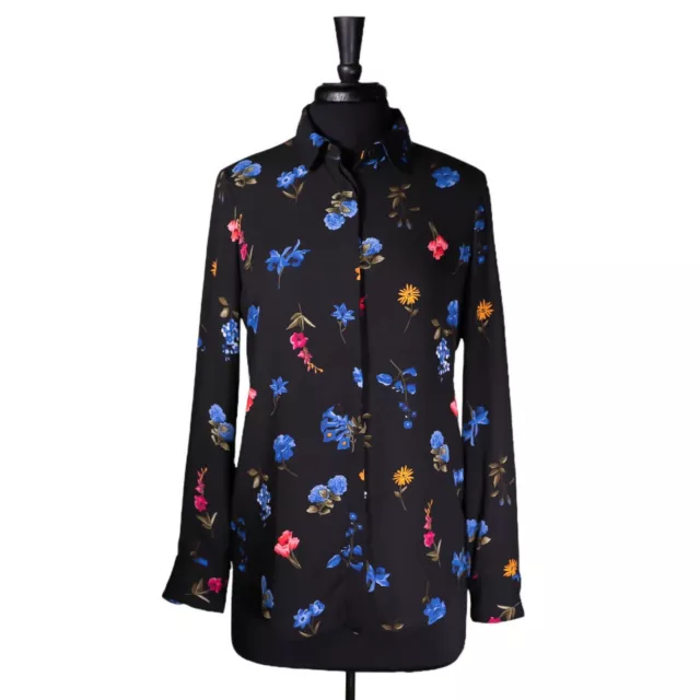 T Tahari Women's Shirt Button Up Black Blue Floral Long Sleeve Blouse Top Small