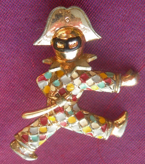 Broche Vintage Arlequin/clown - Articulée, Or Et émail Multicolore, Années 90, Occasion Parfaite