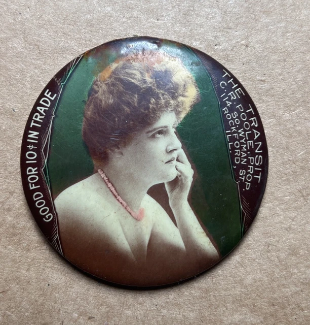 RISQUÉ Antique Advertising Pocket Mirror ~ THE TRANSIT Rockford, IL Trade Token